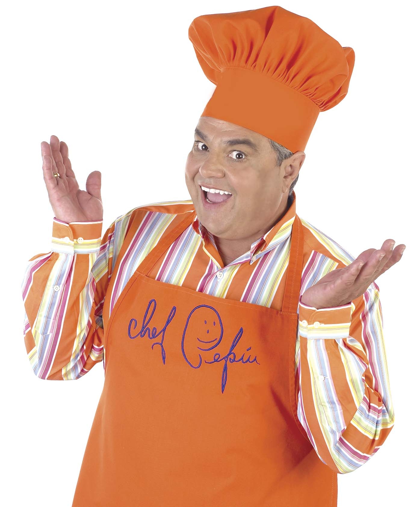 Chef Pepín in bright orange chef hat and apron, smiling with expressive hands raised, wearing striped shirt against white background.