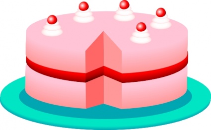 Pink two-layer cake with red ribbon, white frosting dollops, and cherry toppings, one slice removed, on a teal plate.