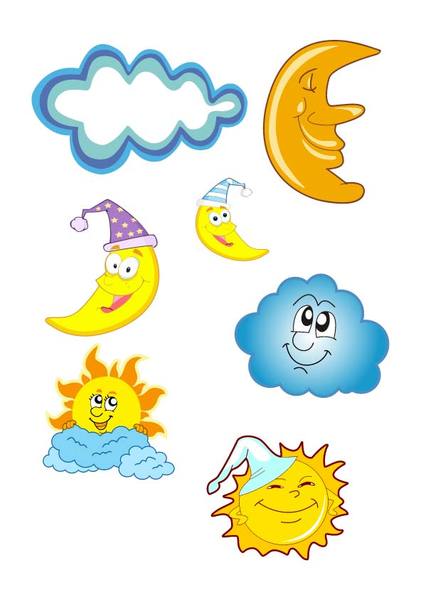 Cheerful cartoon suns, moons, and clouds with sleepy hats and smiling faces on a white background.