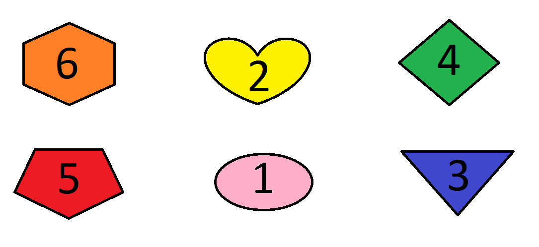 Six colorful geometric shapes with numbers 1-6: heart, oval, triangle, diamond, pentagon, hexagon.