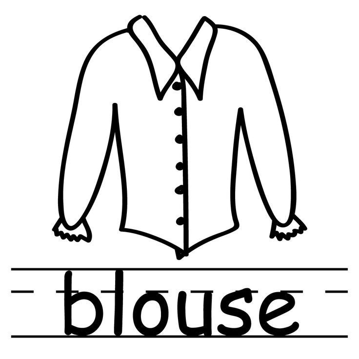 Simple line drawing of a classic long-sleeve button-up blouse with ruffled cuffs and collar.