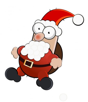 Cartoon Santa Claus with wide eyes and surprised expression, wearing red suit and hat, mid-jump against white background.