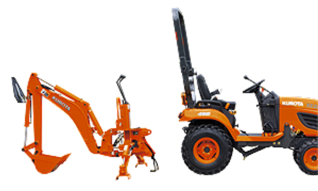 Orange Kubota utility tractor with backhoe attachment, shown in side profile against white background.
