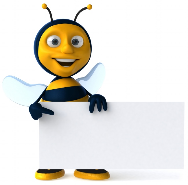 Friendly cartoon bee pointing to a blank sign, smiling with large eyes and translucent wings.