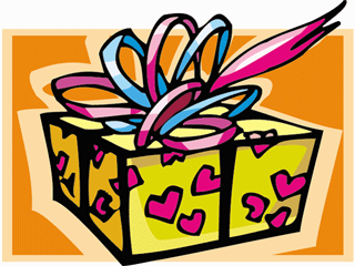 Bright yellow gift box with pink hearts and a colorful ribbon bow on orange background.