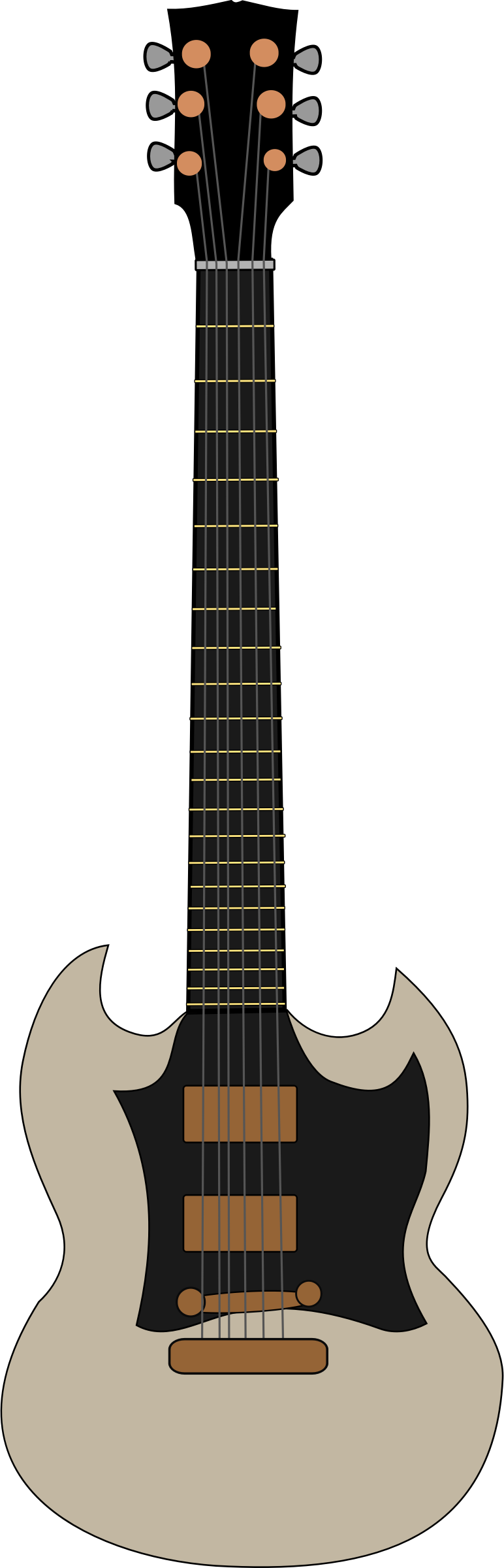 Stylized illustration of a cream-and-black electric guitar with six strings, dual humbuckers, and classic double-cutaway body.