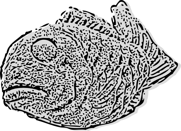 Stylized black-and-white line drawing of a fish with intricate textured scales and expressive eye.