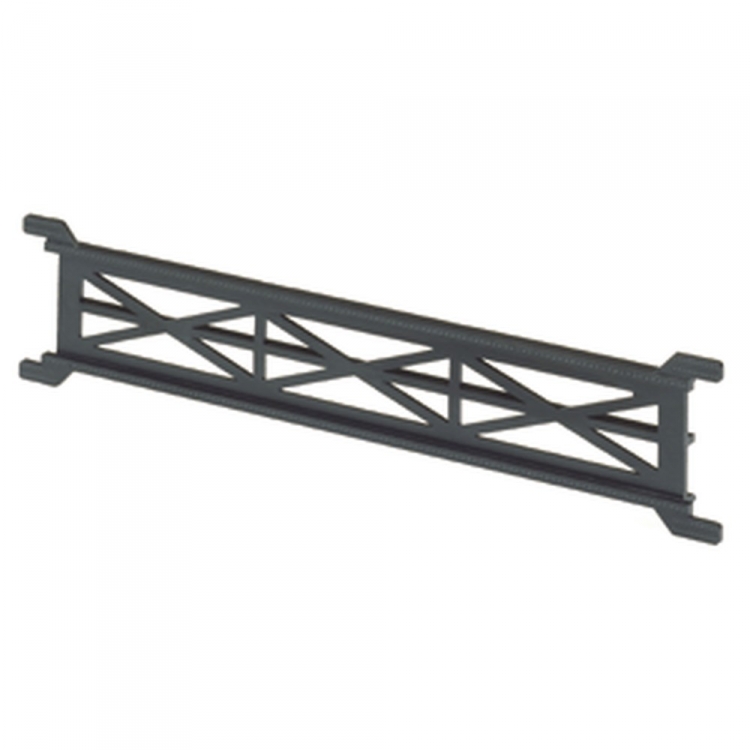 Black metal truss bridge section with X-bracing and mounting tabs, isolated on white background