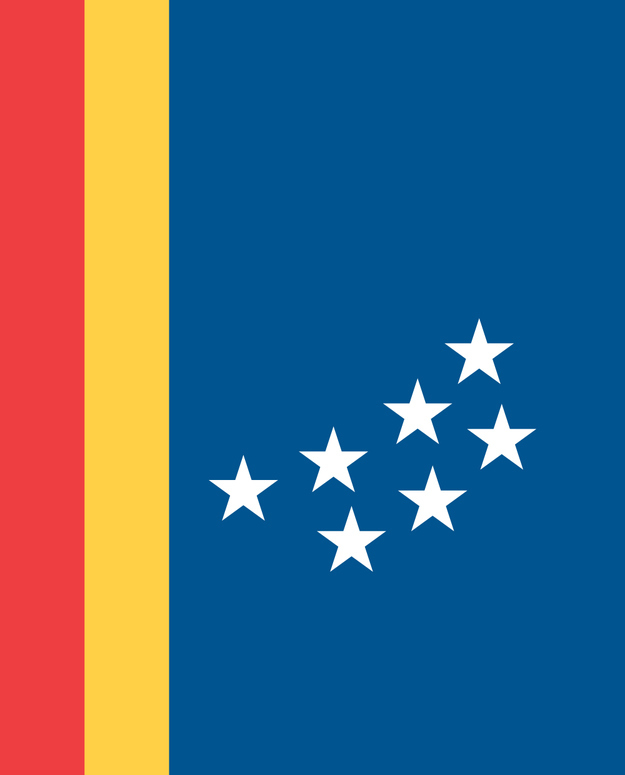 Flag of the European Union with red, yellow, and blue vertical stripes and seven white stars on blue field.