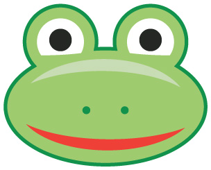 Friendly green cartoon frog with big eyes and a smiling red mouth.
