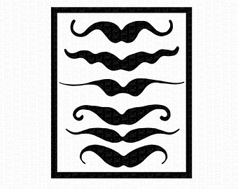 Six stylized black mustache icons arranged vertically in a framed layout on white background.