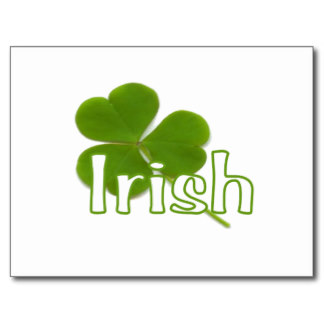 Green four-leaf clover with the word "Irish" in stylized font on white background.
