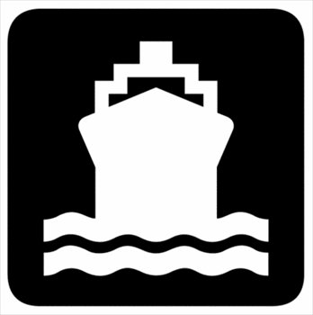 White silhouette of a cruise ship on water, stylized icon in black square.