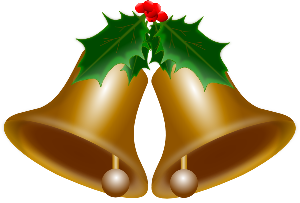 Golden Christmas bells adorned with green holly leaves and red berries, symbolizing holiday cheer.