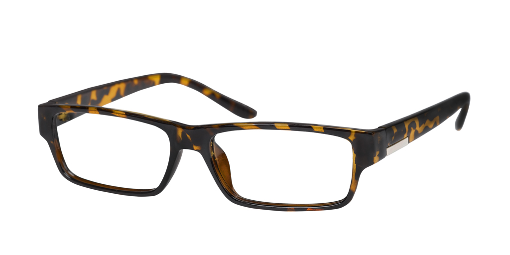 Tortoiseshell rectangular eyeglasses with black and amber patterned frames on white background.