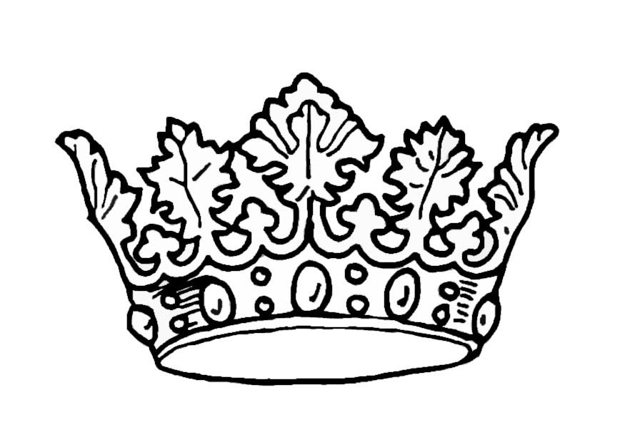 Black-and-white line drawing of an ornate royal crown with leaf motifs and decorative bands.