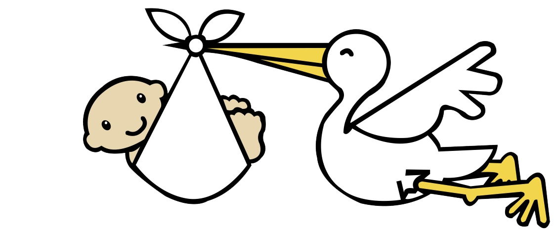 A cartoon stork carrying a smiling baby in a white bundle, symbolizing birth and delivery.