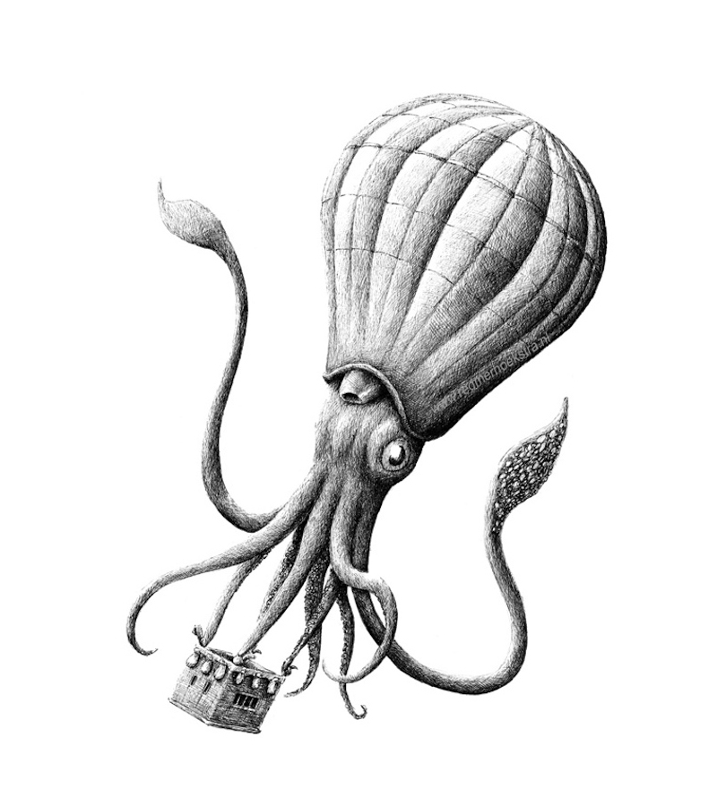 Giant Squid Hot Air Balloon - Surreal Fantasy Illustration