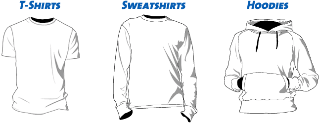 Illustration showing three apparel types: t-shirt, sweatshirt, and hoodie, labeled for category comparison.