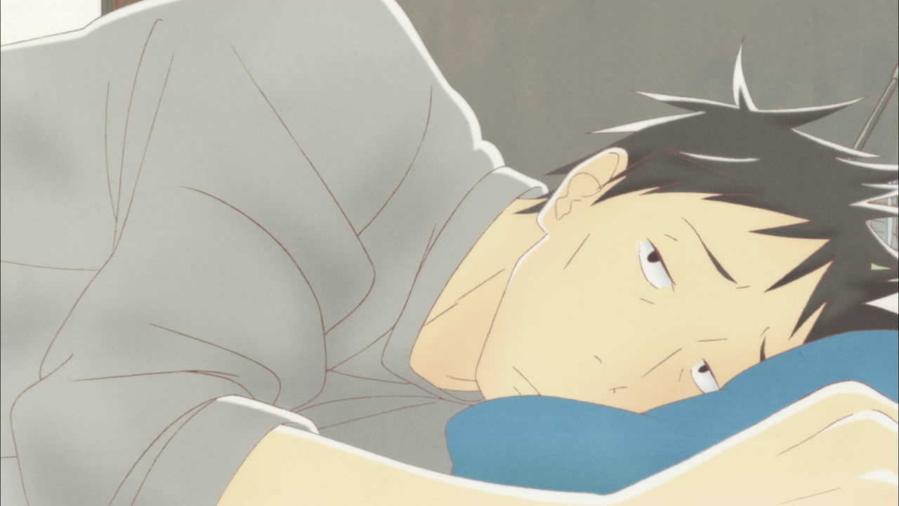 Young anime character with spiky black hair lying in bed, eyes half-open, looking tired or contemplative under soft lighting.