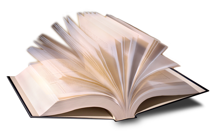 Open hardcover book with pages fanned out, casting soft shadows on white background.