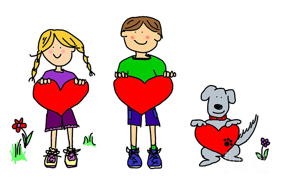 Boy And Girl And Dog Cartoon Holding Heart Shape Sign by Sylvie 