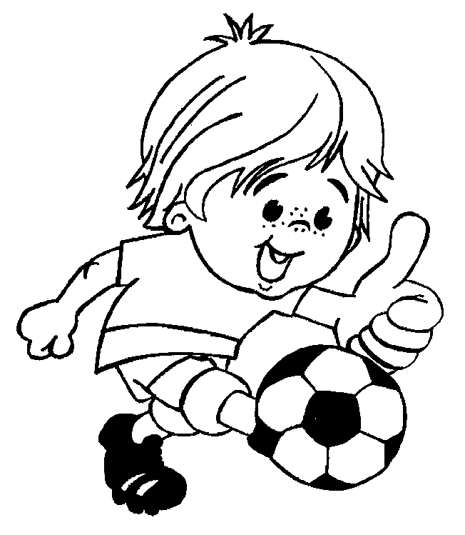 Happy cartoon boy kicking a soccer ball with a thumbs-up gesture.