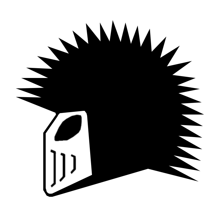 Stylized black-and-white illustration of a punk-inspired helmet with spiked mohawk and angular faceplate.