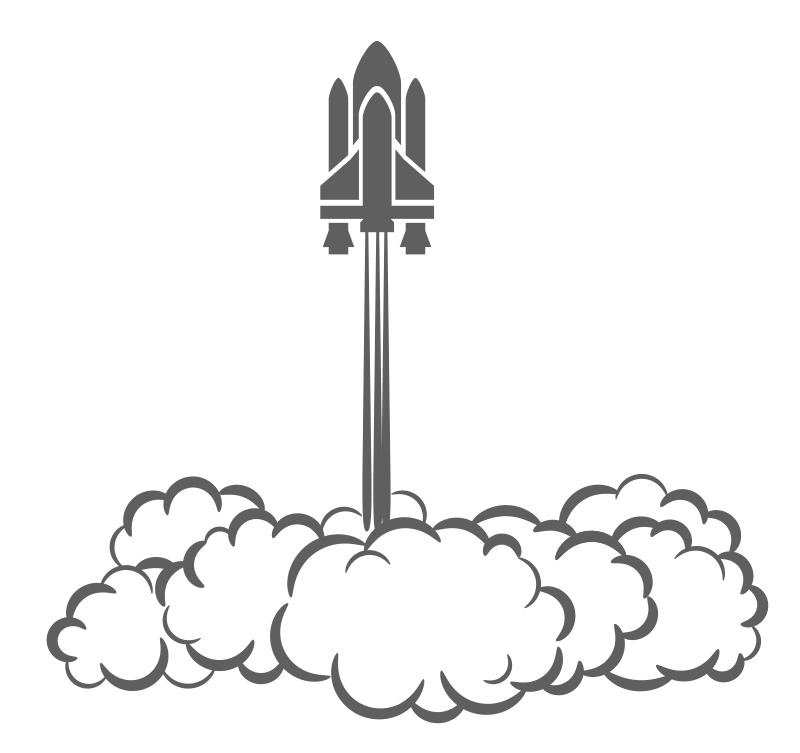 Space shuttle launching upward with exhaust plume and smoke cloud against black background.