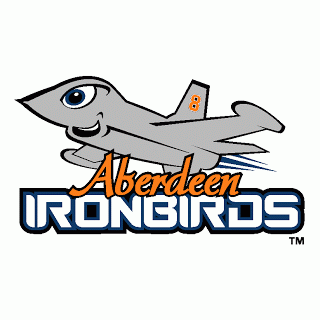 Aberdeen Ironbirds mascot logo featuring a smiling gray fighter jet with orange and blue text.