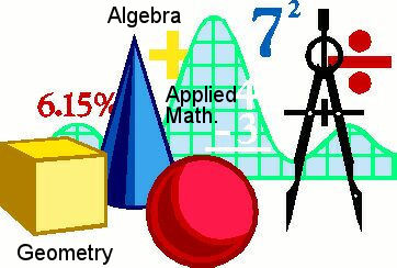 Colorful 3D math symbols including geometry shapes, algebra notation, compass, and applied math graph.