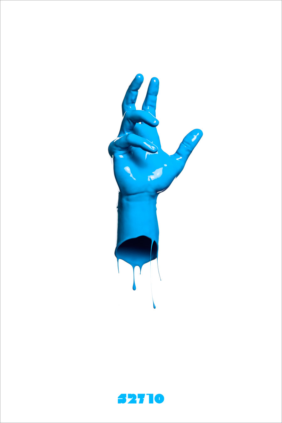A hand covered in glossy blue paint making a peace sign, with drips falling against a white background.