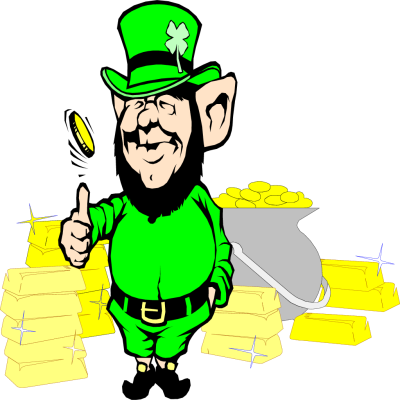 Cheerful leprechaun in green attire tossing a gold coin, surrounded by stacks of gold bars and a pot of gold.