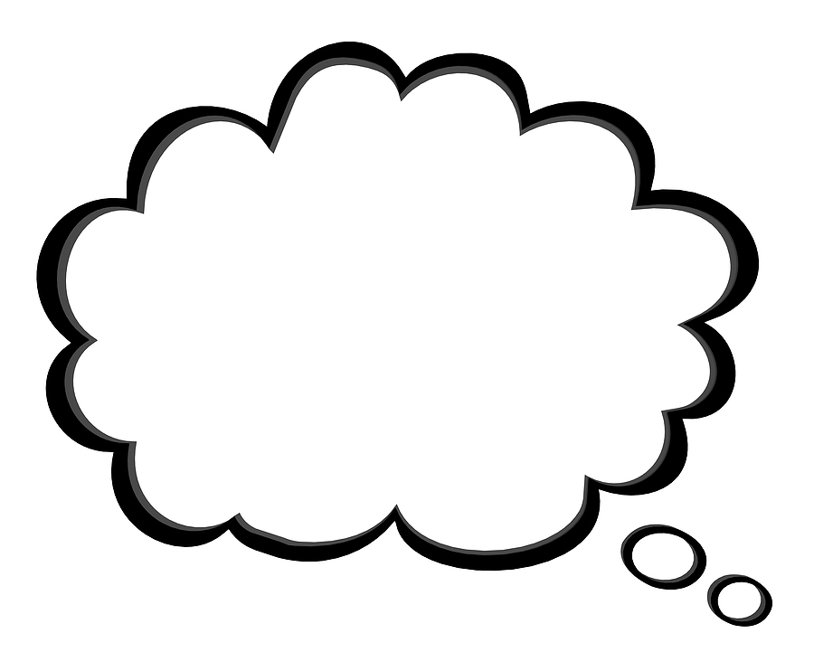 Black-and-white cartoon thought bubble with cloud-like shape and trailing circles, isolated on white background.