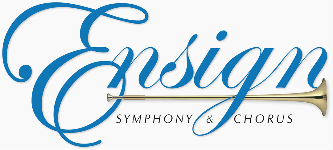 Elegant blue cursive "Ensign" logo with a golden trumpet and text "Symphony & Chorus" below.