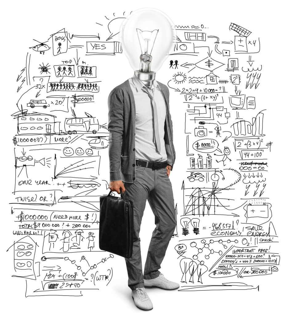 Businessperson with lightbulb head surrounded by sketches of ideas, math, charts, and decision flows.
