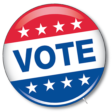 Red, white, and blue "VOTE" campaign button with stars, symbolizing U.S. elections and civic participation.
