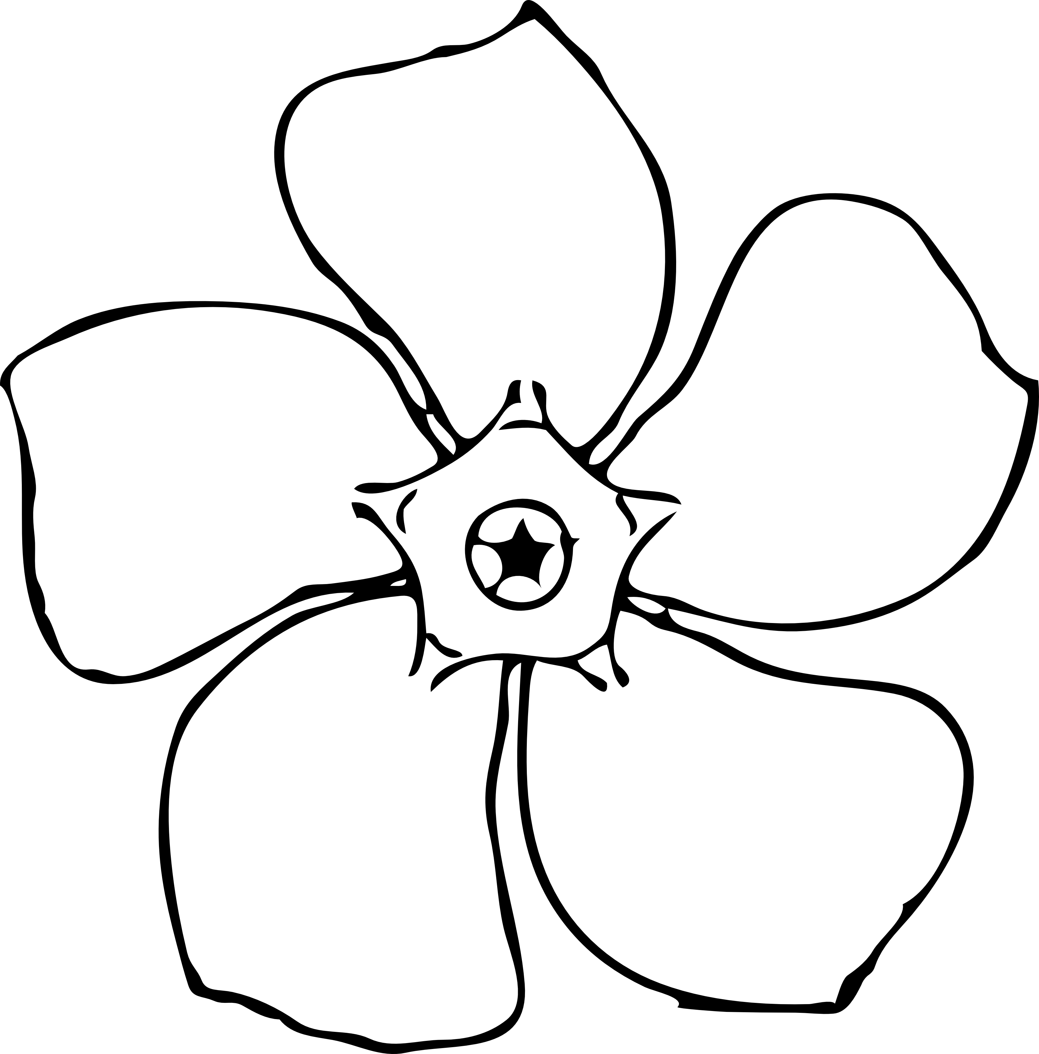 Black and white line drawing of a four-petaled flower with a star-shaped center.