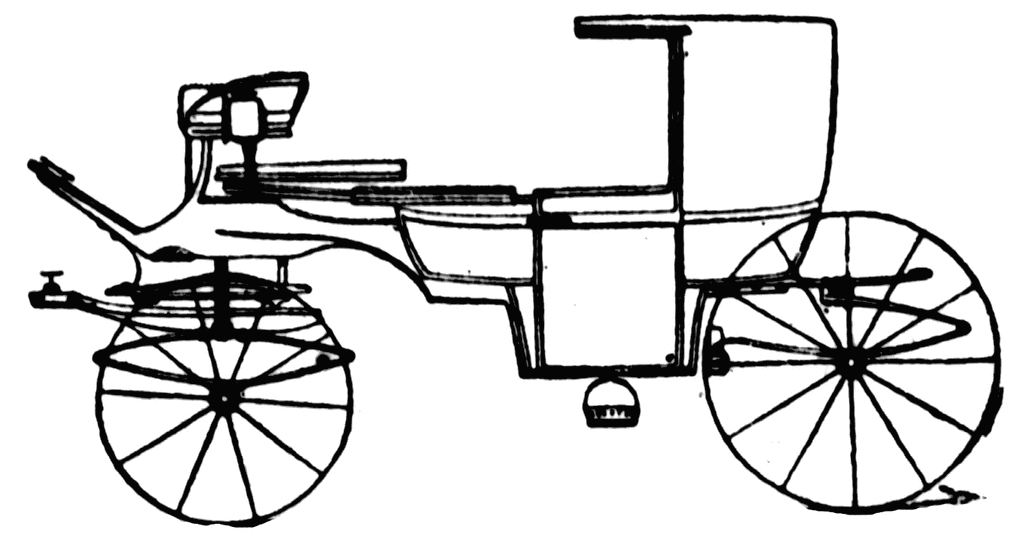 Black-and-white line drawing of a 19th-century horse-drawn carriage with two large spoked wheels and driver’s seat.