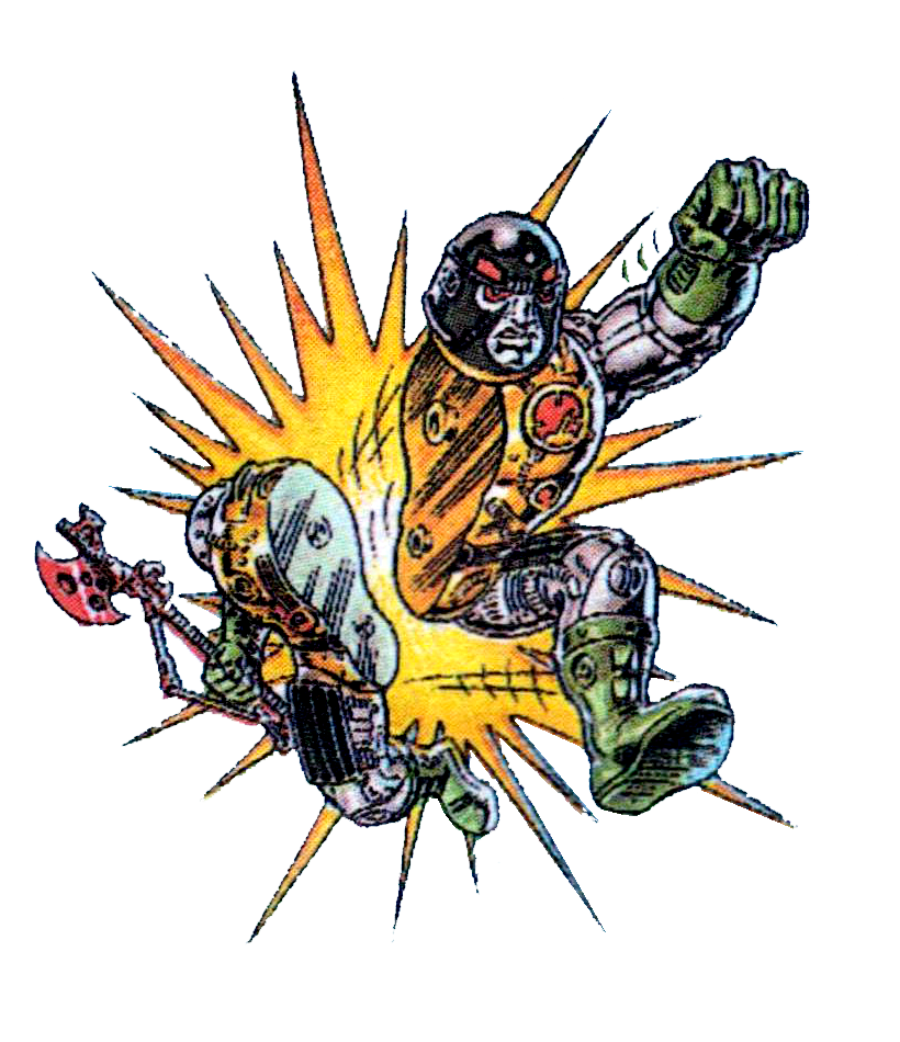 Cyborg warrior in armored suit lunges forward with glowing fist and axe, surrounded by explosive yellow energy burst.