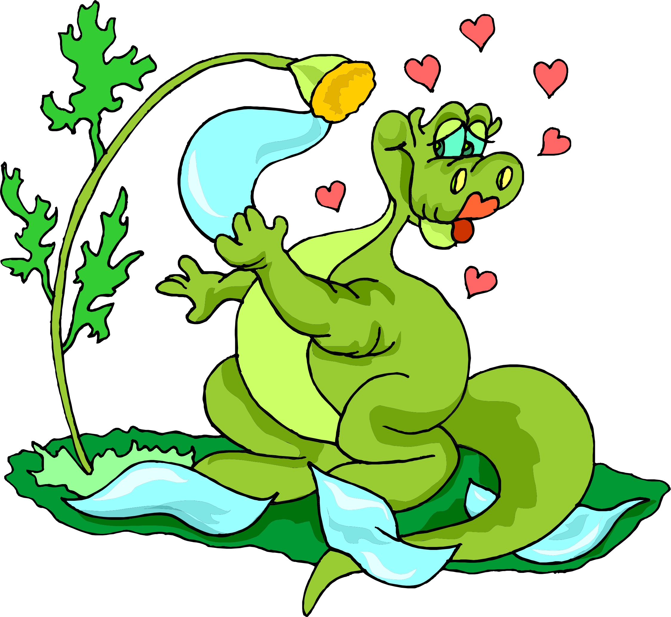 Friendly Green Dragon Blowing a Bubble with Hearts - Whimsical Illustration