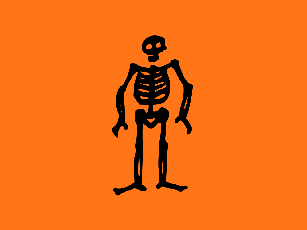 Black cartoon-style skeleton standing upright on bright orange background.