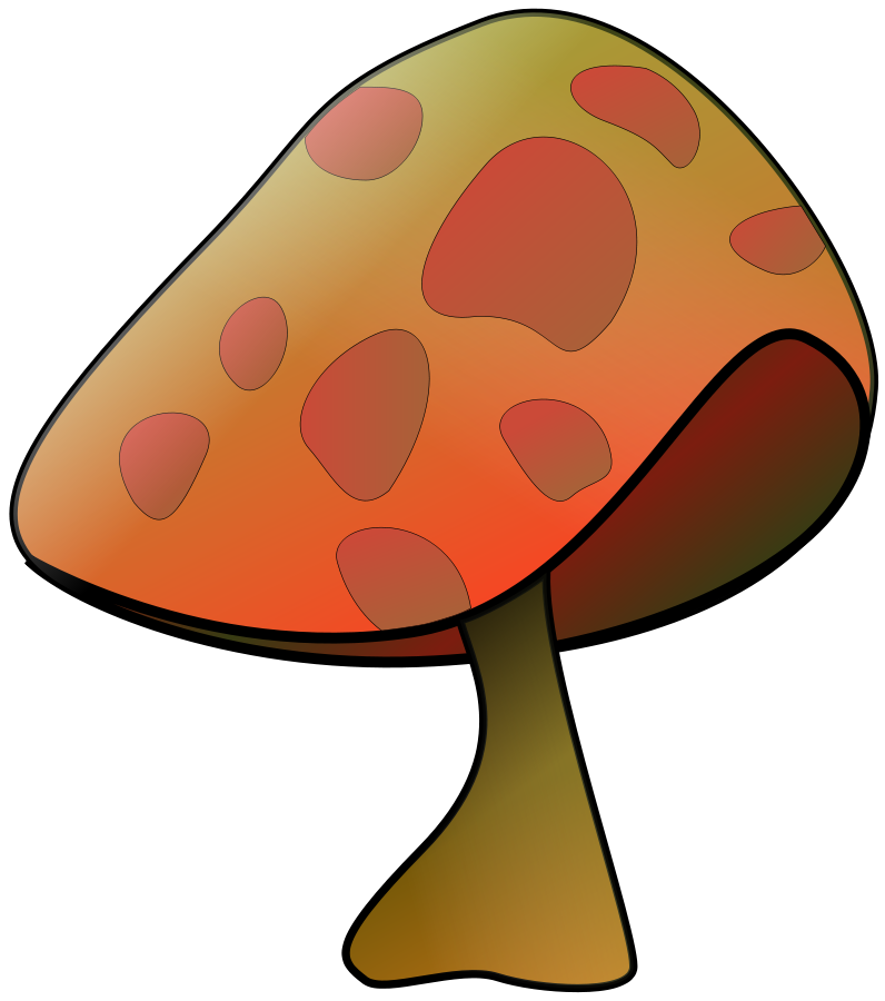 Stylized cartoon mushroom with orange cap, red spots, and brown stem on black background.