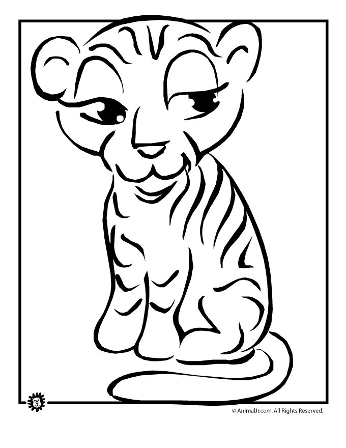 Cute cartoon tiger cub sitting with a playful expression, black-and-white line art for coloring.