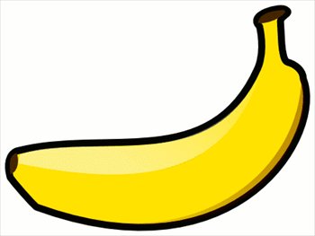 Bright yellow cartoon-style banana with black outline on white background.