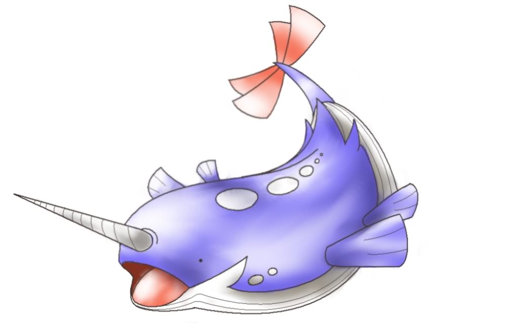 A whimsical purple narwhal-fish hybrid with a spiraled tusk, open mouth, and coral-colored tail fin, illustrated in cartoon style.