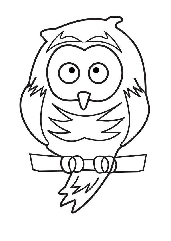 Black-and-white line drawing of a cartoon owl perched on a branch, ideal for coloring pages.