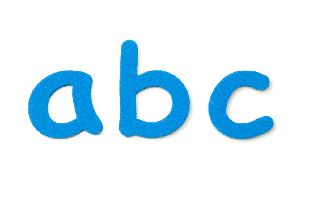 Blue foam letters "a", "b", and "c" on a white background, ideal for early literacy education.