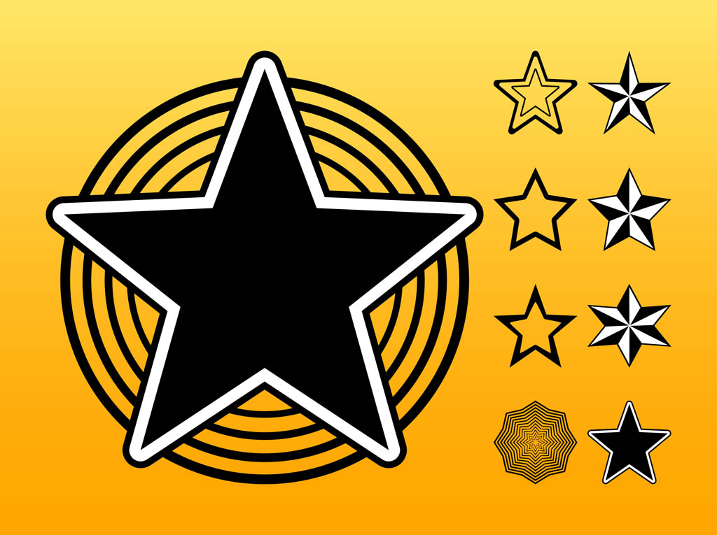 Black star with white outline and concentric rings on yellow gradient, surrounded by various star icons.