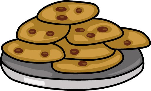 A cartoon-style pile of chocolate chip cookies on a gray plate.